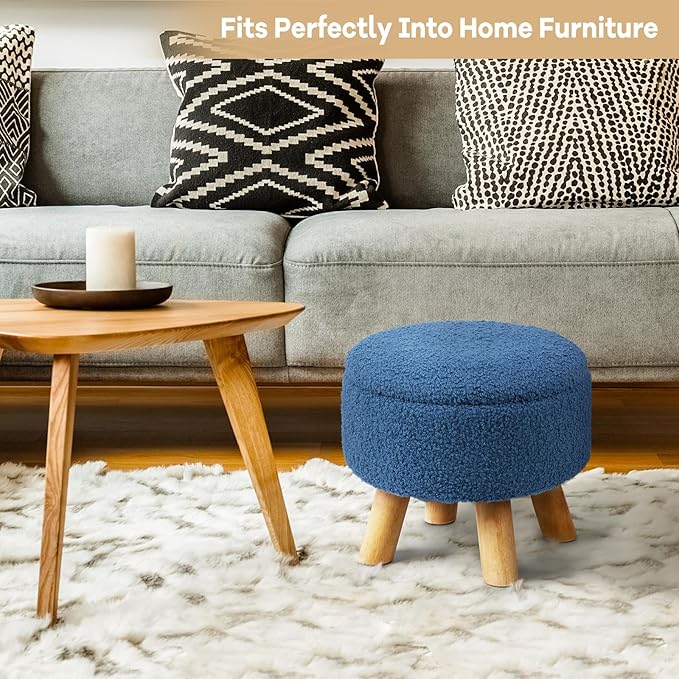 Ottoman Foot Rest, Small Round Ottoman with Storage, Boucle Teddy Velvet Footstool with Wood Legs, Soft Sponge Storage Ottoman for Living Room, Bedroom, Couch, Enterway (Dark Blue)