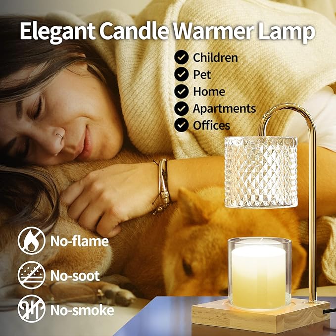 Candle Warmer Lamp, Candle Lamp Wax Warmer Heating, Timer & Dimmer 7-Levels, Fits Cup Jar Candle, Top Melting, Crystal Heater Lamp for Scented Wax, Elegant Home Decor, Amber Glass