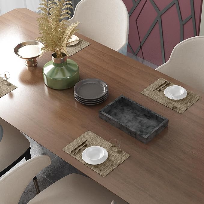 Placemats Set of 6 Washable Indoor/Outdoor Vinyl Place Mats for Dining Table Durable Non-Slip Heat Resistant PVC Weave Table Mats(Gray Black)