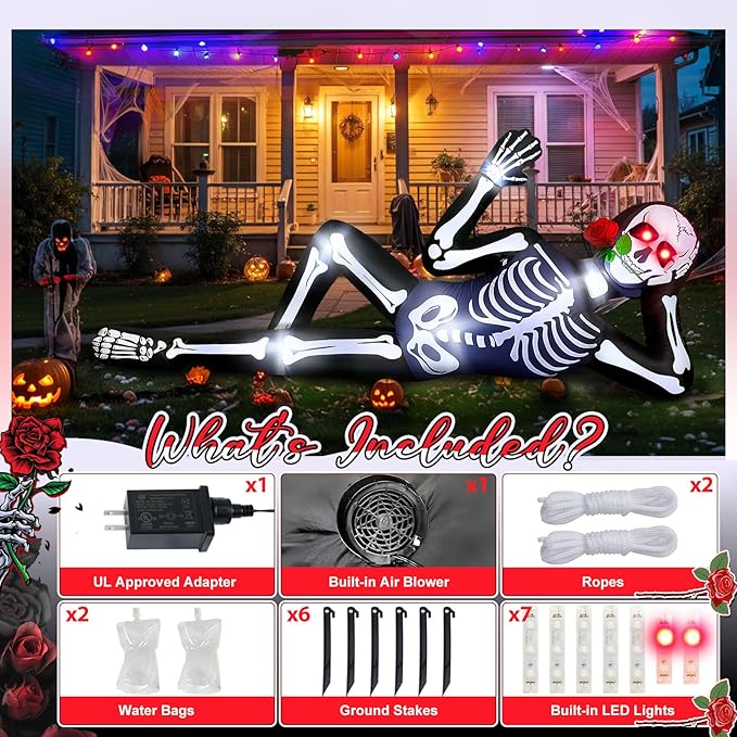 10FT Halloween Inflatable Outdoor Decoration, Halloween Blow Up Yard Decorations with LED Lights, Lying Giant Skeleton Inflatable for Rooftop Garden Lawn Balcony Holiday Party Decorations