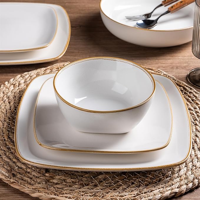 AmorArc Ceramic Dinnerware Sets for 4, 12 Pieces Square Handpainted Plates and Bowls Set, Chip and Scratch Resistant Stoneware Dishes Set, Dishwasher & Microwave Safe, Pearl White