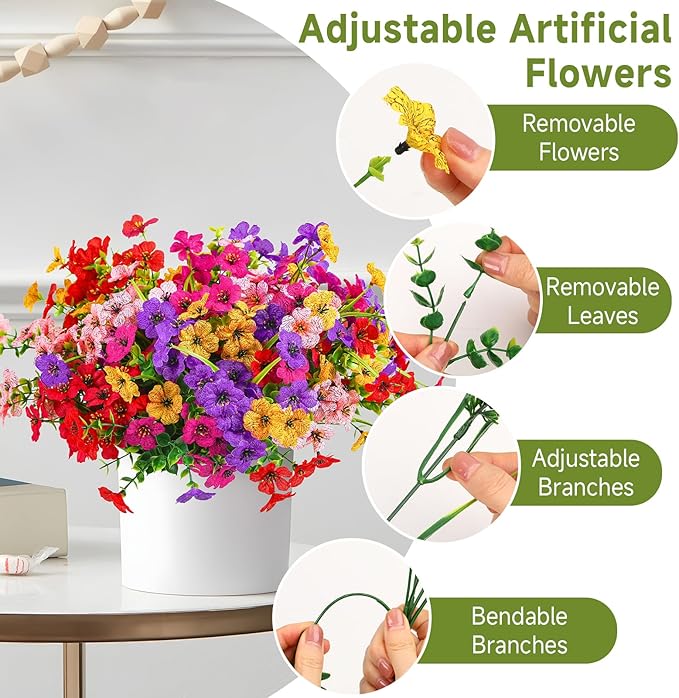 48 Bundles Artificial Flowers for Outdoors Decoration, UV Resistant Silk Violet with Leaf Grass and Eucalyptus Spring Fake Plants for Outside Indoor Yard Home Patio Porch Decor, Mix 5 Colors