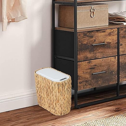 Boho Kitchen Trash Can with Lid,3.5 Gallon Automatic Small Rattan Trash Can,Slim Wicker Motion Sensor Garbage Can and Hamper 2 in 1 for Bathroom,Narrow Waste Basket for Office, Living Room