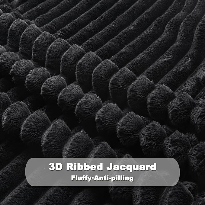 NEWCOSPLAY Super Soft King Blanket Black Premium Silky Flannel Fleece 3D Ribbed Jacquard Lightweight Bed Blanket All Season Use (Black Ribbed, King(90"x110"))