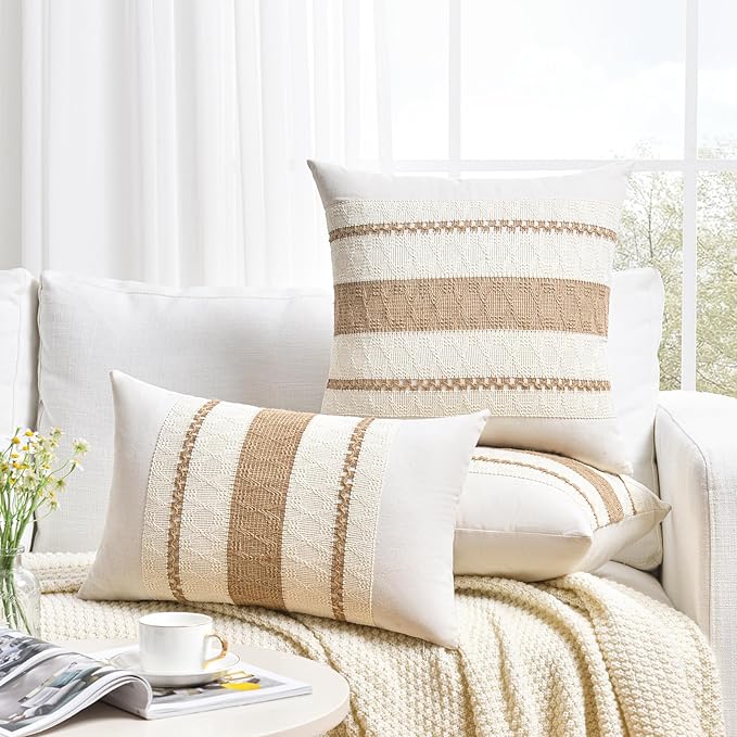 Fancy Homi Set of 2 Boho Neutral Big Decorative Throw Pillow Cover 24x24 Inch for Couch Bed Bedroom, Aesthetic Modern Organic Farmhouse Room Decor, Soft Cotton Accent Macrame Woven Tan Cushion Case