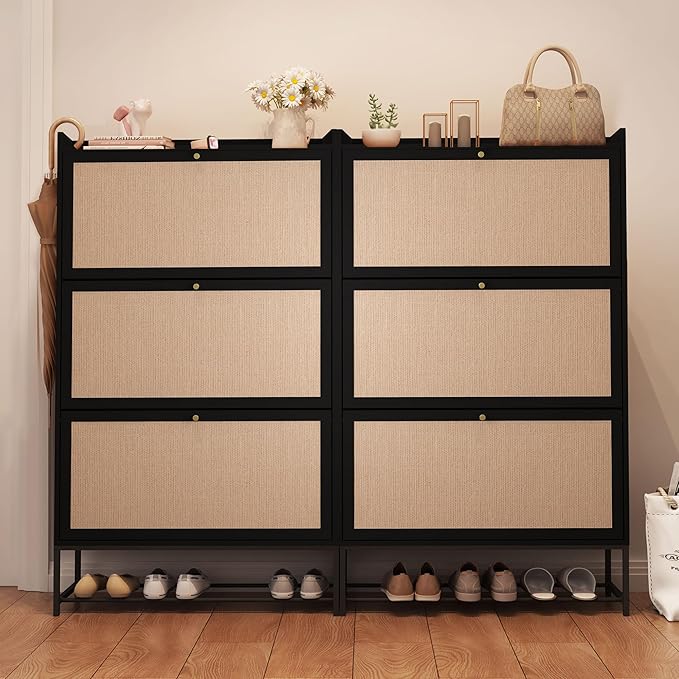 AVZEAR Shoe Cabinet, Shoe Cabinet Freestanding Tipping Bucket Shoe Rack Organizer with 3 Flip Drawers, Modern Entryway Narrow Shoe Rack for Entryway, Hallway, Bedroom (Black)