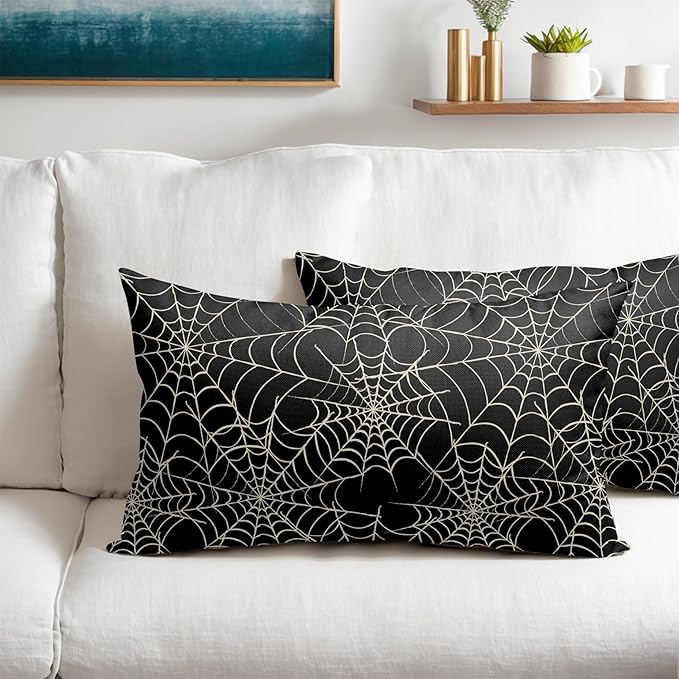 Halloween Spiderweb Pillow Covers 12x20 Set of 2 Black White Spider Web Outdoor Decorative Throw Pillows Halloween Scary Themed Farmhouse Pillowcases Linen Cushion Case Decor for Home Sofa Couch Bed
