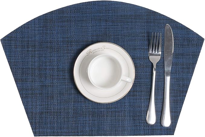 SHACOS Small Round Table Placemats Wedge Placemat Set of 4 Non Slip Heat Resistant Woven Vinyl Table Mats Wipe Clean Indoor Outdoor (4, Blue Black)