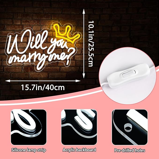 Will You Marry Me Neon Sign for Wall Decor,Will You Marry Me Sign Proposal Decorations,Marry Me Wedding Sign for Proposal,Wedding Party,Valentines Day,Marry Me Light up Decor,15.7 * 8.7 inch(D252)