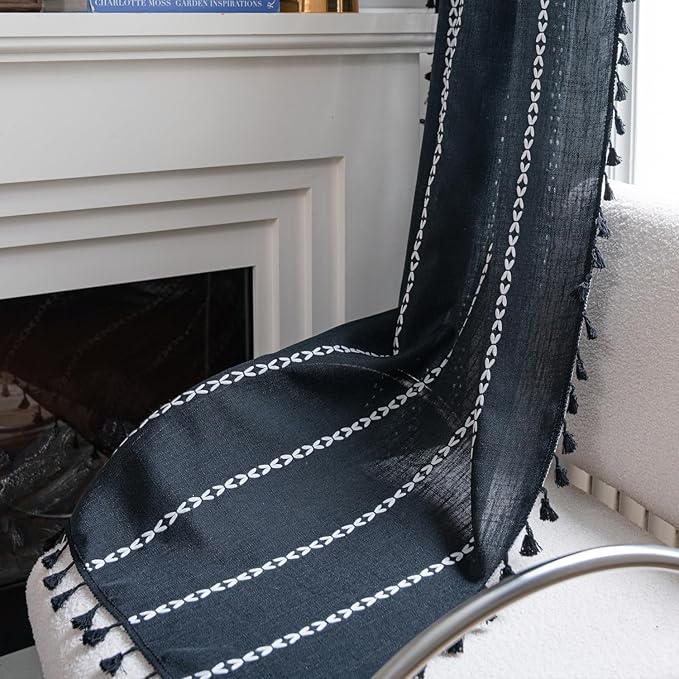 ColorBird Black Curtain Panel, Linen Darkening Drapes 63 Inch Length 2 Panels, Embroidery Boho Room Divider Curtains Black for Living Room Dining Office Closet