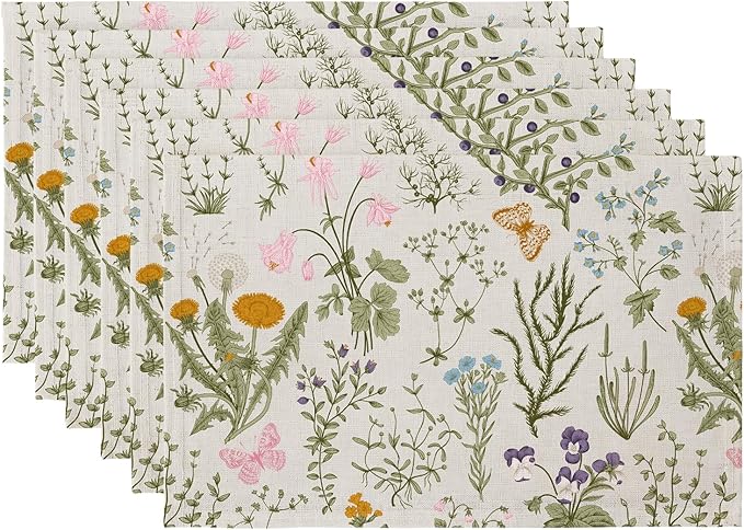 QIYI Boho Placemats Set of 6, 12x18 Inch Linen Fabric Floral Place Mats for Kitchen Dinning, Farmhouse Rustic Cloth Table Mats, Washable Placemat Botanical Party Table Décor, Wildflowers Herbs