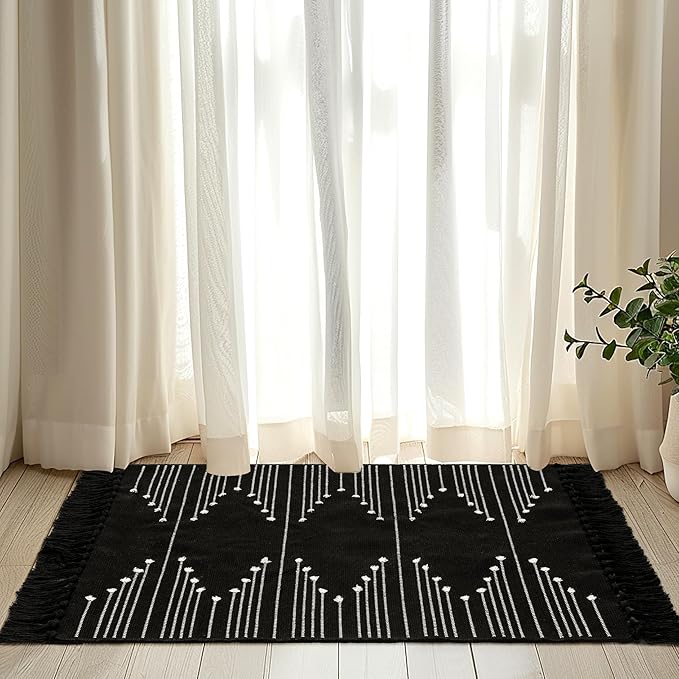 Tritard Boho Washable Area Rug 2x4.3 - Kitchen Bathroom Runner Rug with Tassels, Farmhouse Woven Cotton Entryway Throw Rugs Aztec Hallway Carpet Bath Mat for Bedroom, Laundry, Doorway, Black White