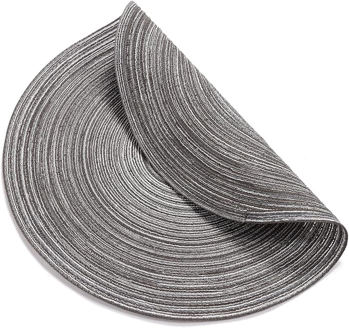 SHACOS Round Placemats Set of 4 Round Braided Placemats 15 inch Cotton Polyester Woven Table Placemats for Dining Table Holiday Party (Black Grey, 4)