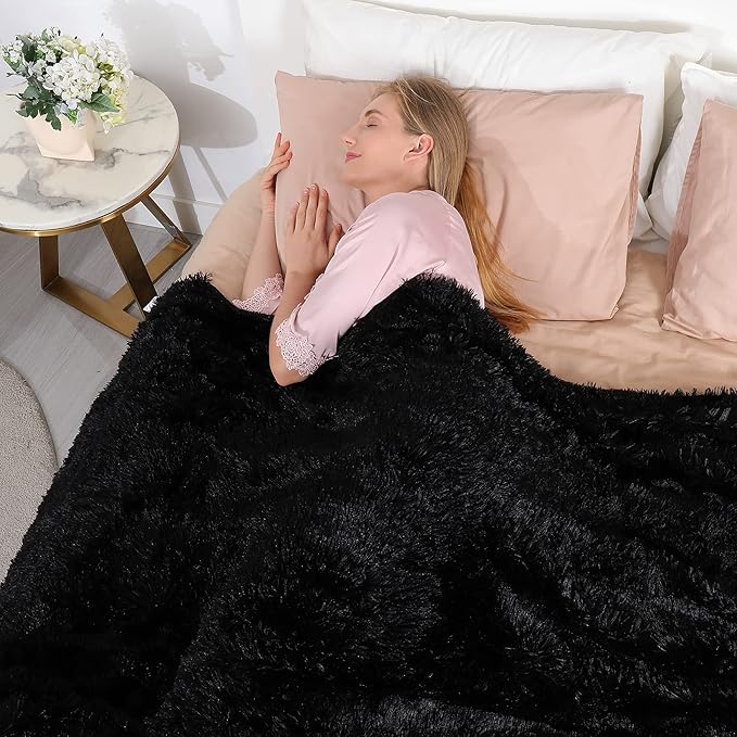 Tuddrom Decorative Extra Soft Faux Fur Throw Blanket 50" x 60",Reversible Fuzzy Long Hair Shaggy Throw Blankets, Fluffy Cozy Plush Fleece Comfy Microfiber Fur Blanket for Couch Sofa Bed, Black