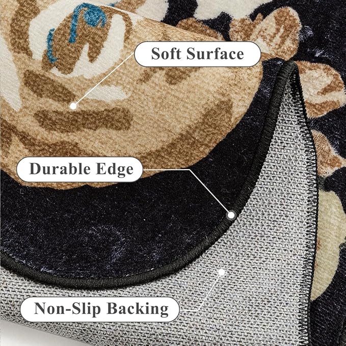 Washable Floral Area Rug 2x3 Black Small Entryway Carpet Scalloped Flower Non Slip Soft Entrance Door Mat Farmhouse Low Pile Indoor Thin Floor Cover for Bathroom Kitchen Bedroom Laundry Room