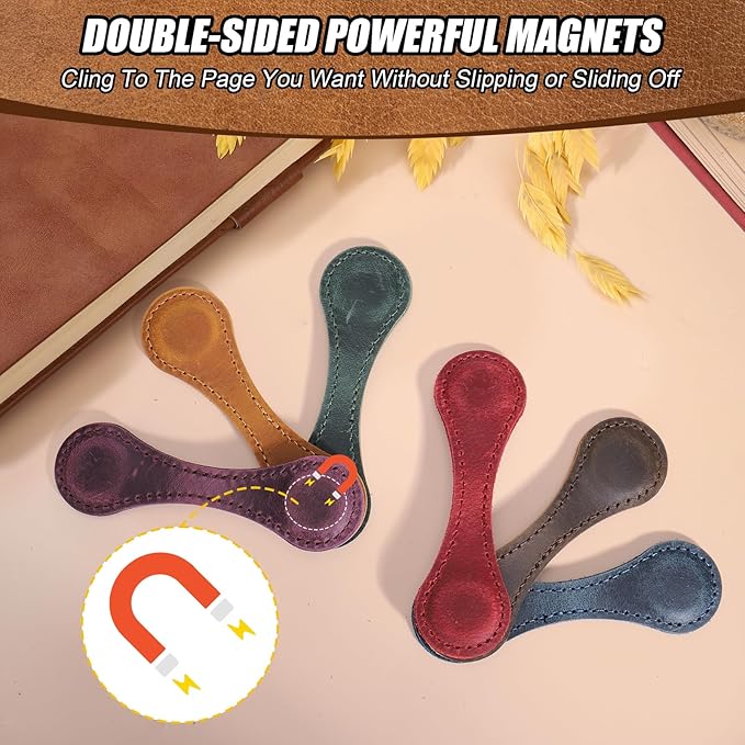 Palksky Magnetic Bookmark, 6PCS Genuine Leather Book Markers Magnet,Vintage Leather Magnet Markers Clips for Reading Women Men Teachers Students, Book Accessories, Book Lovers Gifts