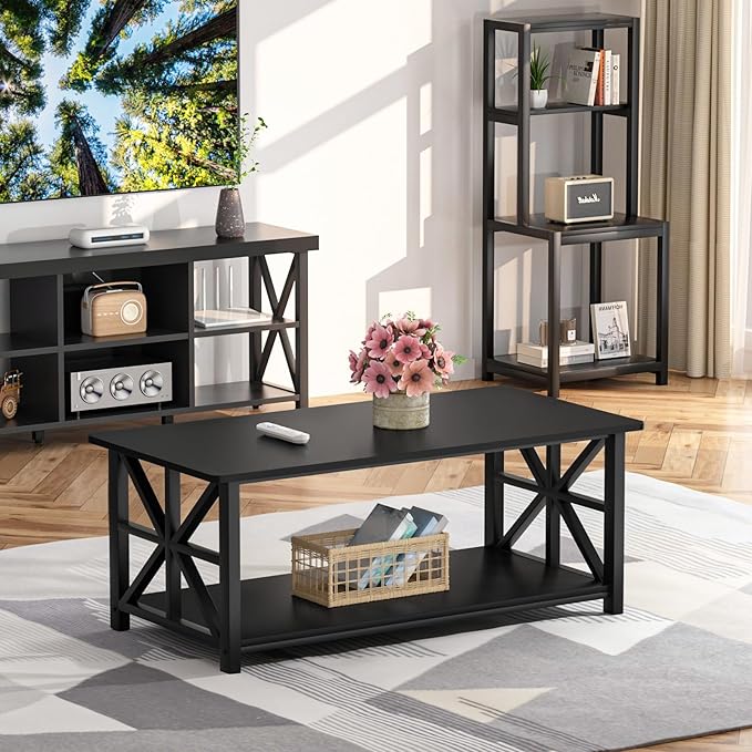 GreenForest Coffee Table with Round Corner, Farmhouse Center Table with 2-Tier Storage Shelf X-Frame Design for Living Room, 39 inch Black