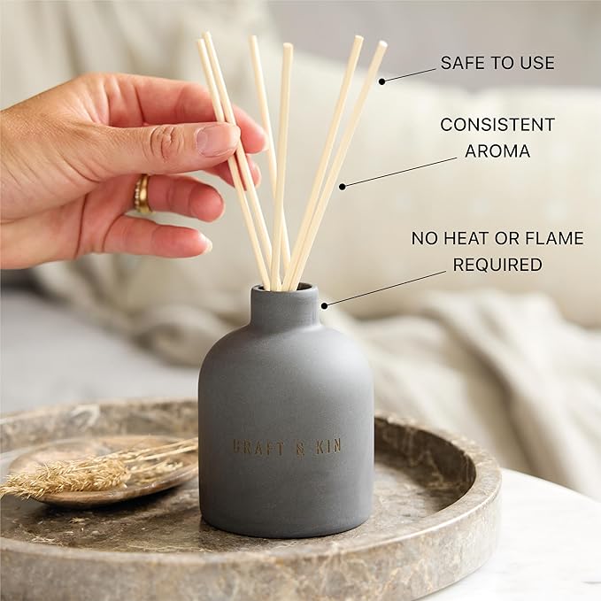 Craft & Kin Reed Diffuser Set - Santal Woods, Reed Diffusers for Home with Fragrance Sticks - The Earthenware Collection, 6.7oz Alcohol-Free, Essential Oils