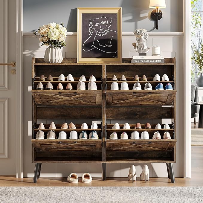 Maupvit Large Shoe Storage Cabinet with 4 Flip Drawers, Narrow Shoe Cabinet for Entryway with Wooden Legs, Freestanding Hidden Shoe Rack Organizer & Metal Hinges, Rustic Brown