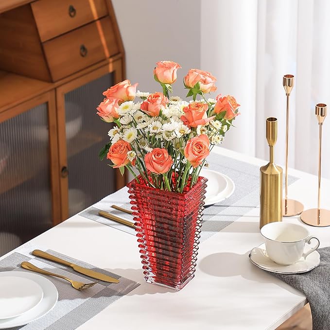MCMCNCUIU Crystal Vase, Large Crystal Vases for Flowers, Large Flower Vase, Modern Red Vases for Living Room, Bedroom, Kitchen, Dining Table, Mantle, Wedding, 9 Inches