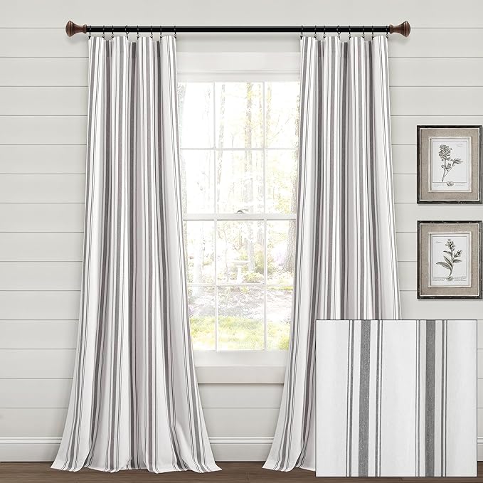 Lush Decor Farmhouse Stripe Yarn Dyed Cotton Window Curtain Panel Pair, 42" W x 84" L, Gray - Classic Modern Rustic Charm - Eco Friendly Cotton Fabric