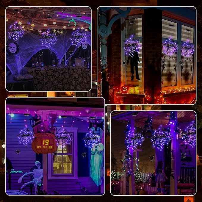 ILLUMINEW Solar Halloween Metal Hanging Decorations Outdoor, LED Lighted Metal Web with Spider for Halloween Outdoor Tree, Wall, Porch, Patio Decor (Web)