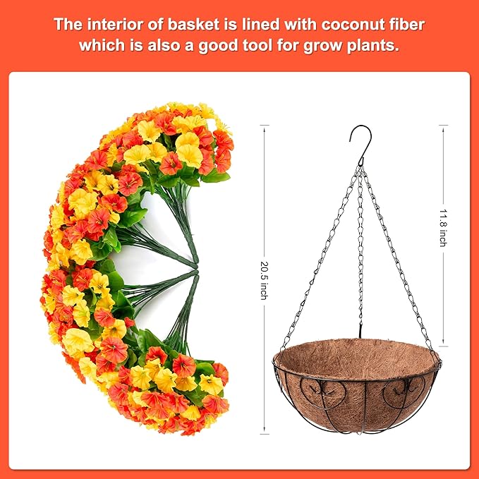 Artificial Hanging Flowers with Basket, Faux Silk Petunias Flower Arrangement, Coconut Lining with Morning Glories Fake Plants Patio Garden Porch Deck Spring Summer Decor(Orange Yellow)