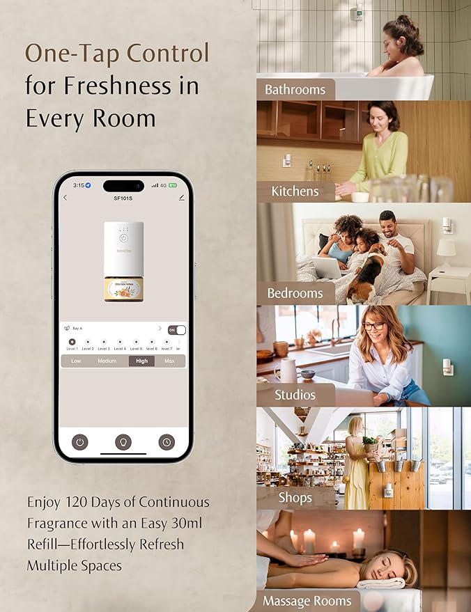 SF101S Smart Wi-Fi Waterless Ultrasonic Essential Oil Diffuser–100% Plant-Based,120-Day Natural Air Freshener & Aromatherapy scent Diffuser Covers 100㎡ for Home,Hotel-Black Cedar & Juniper