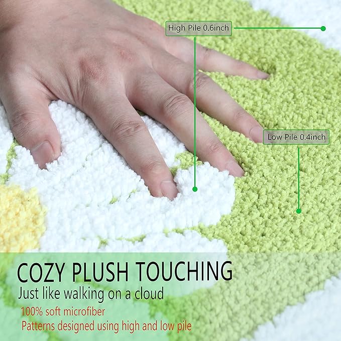 Bathroom Rugs Mat, White Flower Bath Rugs Fluffy Soft Superfine Fiber Rugs Non Slip Bath Mat Machine Wash Plush Mats, Bathroom Rug for Bathroom Shower Room (16"×24", Green)