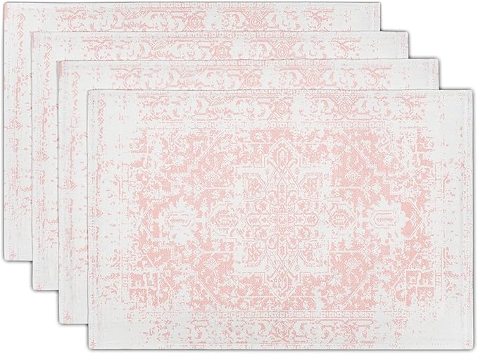 Gray Pink Boho Placemats Set of 4 Ethnic Bohemian Carpet Place Mats Washable Kitchen Dining Vintage Grey Geography Floral Linen Table Mats Stain Heat-Resistant for Home Party Indoor 12x18 in