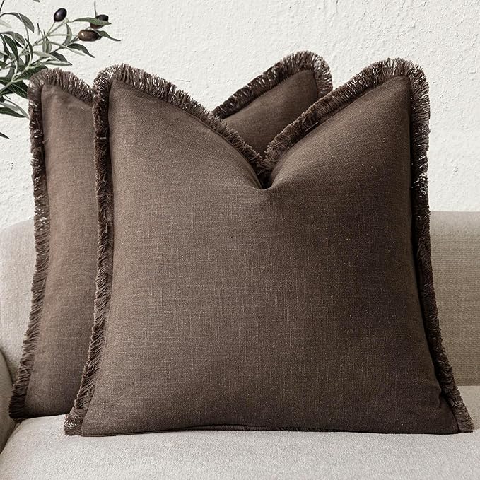 Foindtower Set of 2 Decorative Linen Fringe Throw Pillow Covers Boho Farmhouse Cushion Cover with Tassels Soft Accent Pillowcase for Couch Sofa Bed Living Room Home Decor,24×24 Inch,Reddish Brown