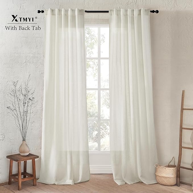 XTMYI 86 Inch Linen Curtains,2 Panels Set Semi Sheer Boho Back Tab Pleated Rod Pocket Curtain Drapes for Living Room Bedroom,Cream Ivory,40x86 in Long