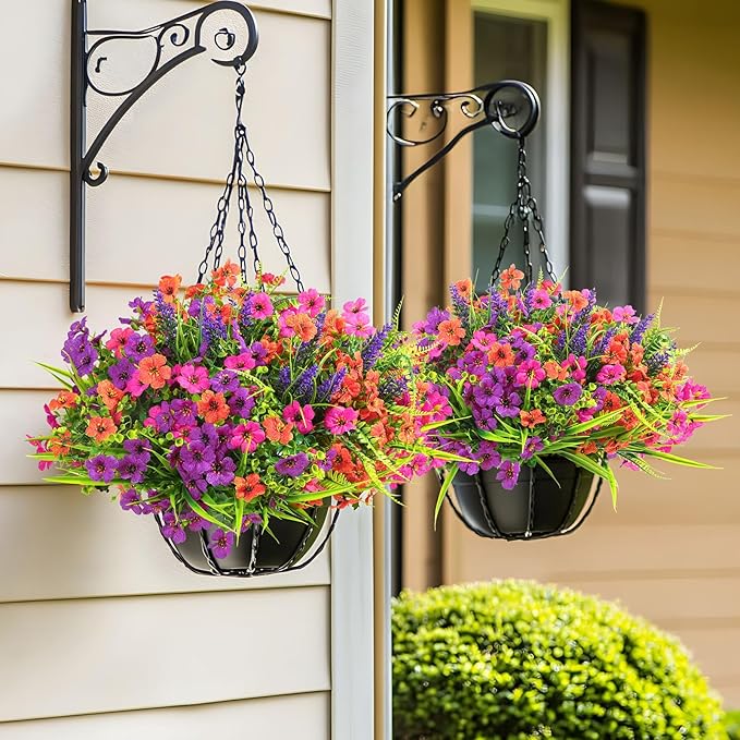 36 Bundles Artificial Flowers for Outdoors Spring Summer Decoration, UV Resistant Eucalyptus Violet and Lavender Silk Fake Plants for Outside Indoor Yard Home Patio Decor, Orange Rose Purple