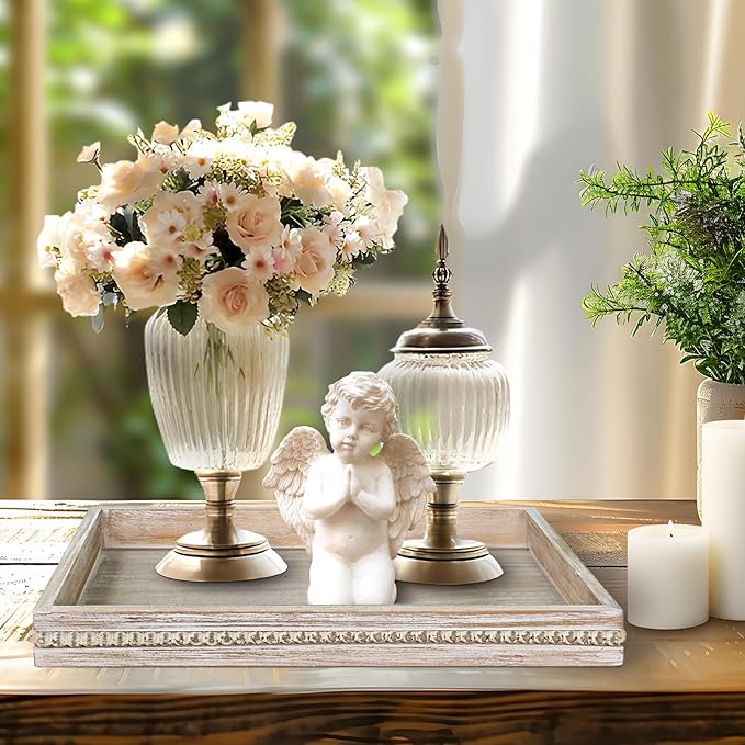 Wooden Decorative Tray, Rectangular Serving Tray with Wood Bead, Farmhouse Big Tray for Ottoman, Countertop, Coffee Tabl, 16.5" x 13"x 1.6" (White Washed)