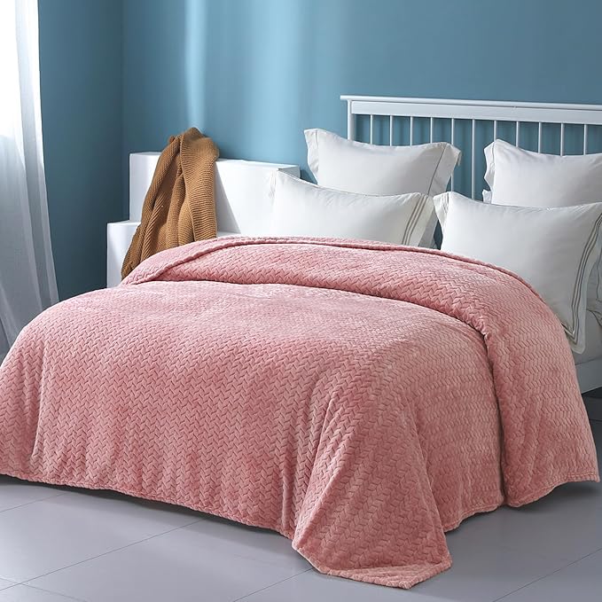 Exclusivo Mezcla Pink Fleece Queen Size Blanket for Bed, 90x90 Inches Soft Cozy Jacquard Flannel Blankets, Lightweight Fuzzy Plush Warm for All Seasons