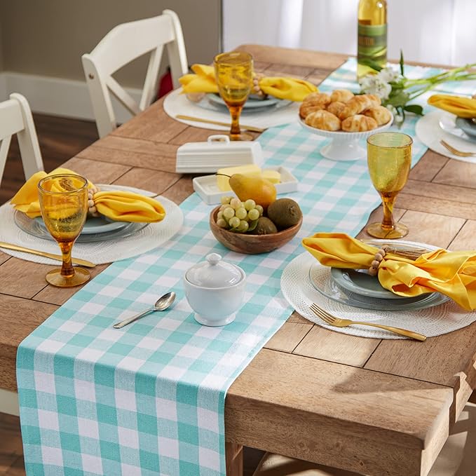 DII Heavyweight Fringed Check Tabletop Collection, Table Runner, 14x72, Aqua