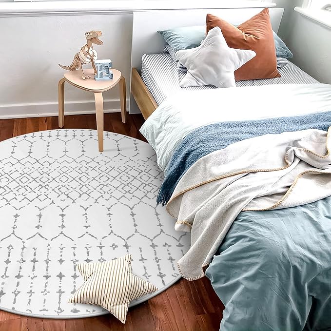 Lahome Moroccan Round Rugs - 4Ft Washable Non-Slip Small Round Area Rug for Bedroom Soft White Low-Pile Round Throw Rug, Modern Geometric Print Indoor Circle Rugs for Kitchen Living Room Sofa Nursery