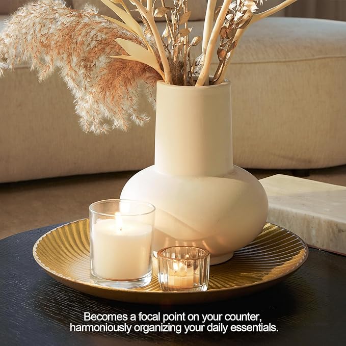 DN DECONAITON Brass Gold Decorative Tray for Coffee Table,12” Round Wood Tray for Home Decor, Spiral Design Vintage Vanity Trays Farmhouse Table Centerpiece, Living Room, Bedroom, Bathroom