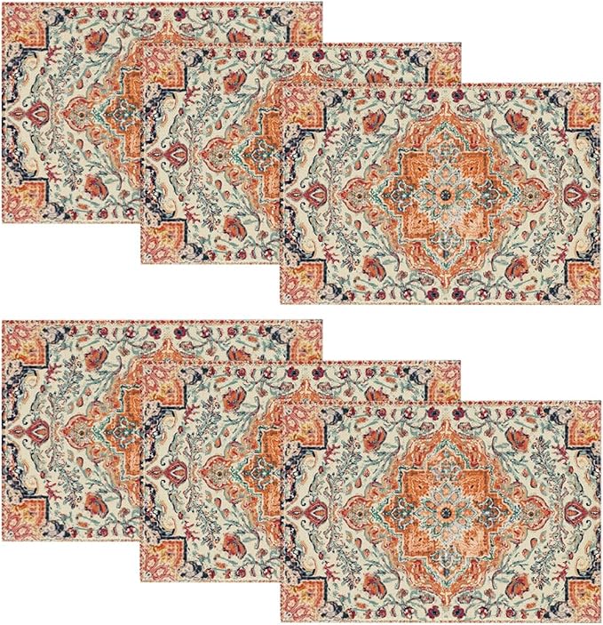 Artoid Mode Boho Placemats Set of 6,12x18 Inch Seasonal Daily Orange Teal Flowers Bohemia Table Mats for Party Kitchen Dining Decoration
