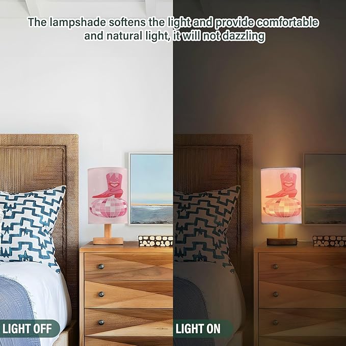 VIGTRO Table Lamp with USB Pink Cowgirl Boots with Disco Ball Bedroom Nightstand Lamps, Retro Wood Base LED Desk Light for Living Room, Office