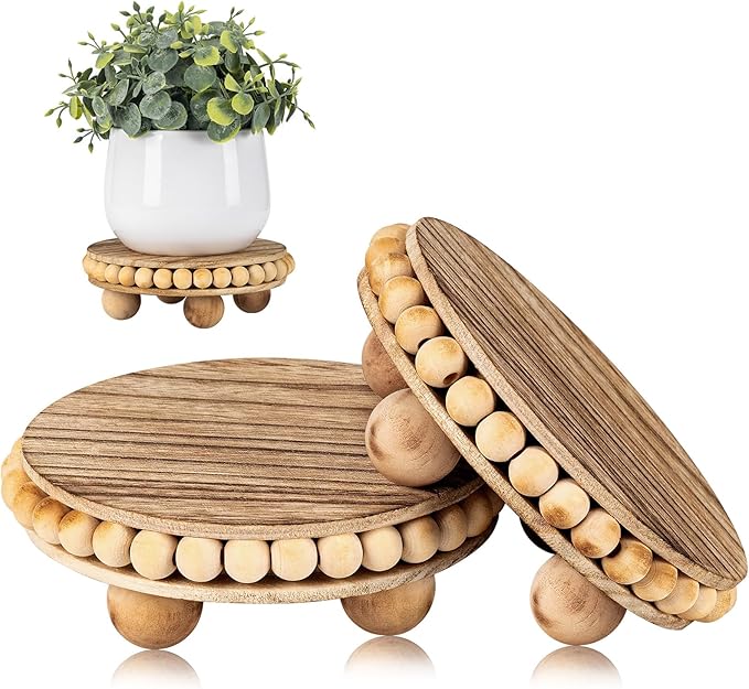2Pcs Wood Risers for Display Decorative,Round Beaded Riser Distressed for Decor ,Wooden Farmhouse Coasters Mini Cake Stand Plant Stand,Rustic Pedestal Stand Decor Display Risers for Tiered