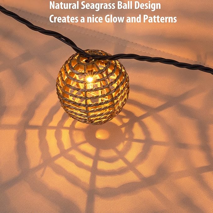 Decorative Outdoor Patio String Lights, Seagrass Rattan Wire Ball Style Lantern String Lights, Connectable Weatherproof Indoor Outdoor Globe Boho String Light for Home Pergola Garden Party Backyard