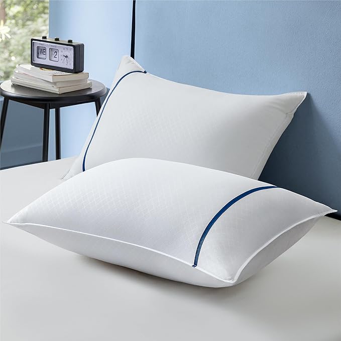 Bedsure Hotel Pillows - Luxury Bed Pillows for Sleeping with Decoration Strip Breathable Cover Soft & Supportive Pillows for Side, Back or Stomach Sleepers (4, Blue, Queen)