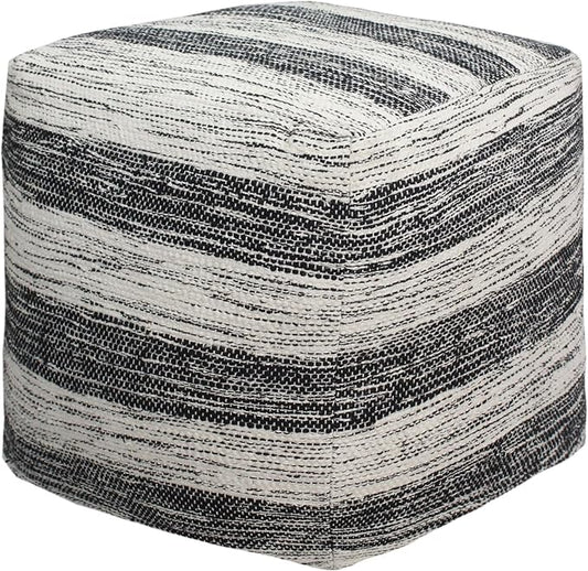 COTTON CRAFT Handwoven Stripe Dhurrie Pouf - Ottoman Foot Stool Bean Bag - Dorm Bedroom Home Décor Accent Seating - Boho Modern Comfortable Prefilled Cotton Pouf Footrest - 16 inch Square - Black
