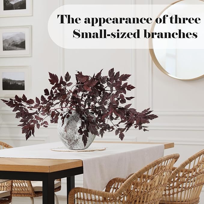 Lyrow 3 Pack Artificial Cimicifuga Plant Leaf Spray Faux Plum Cimicifuga Ramosa Leaf Branch Faux Fall Spray Silk Plants for Home Vase Wedding Garden Farmhouse Table Mantel Decor (18 Inches)