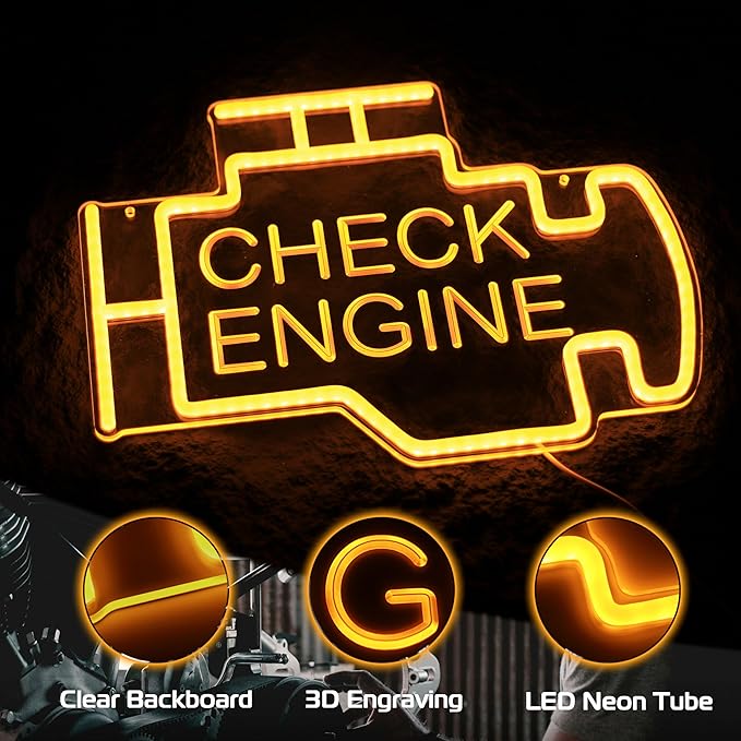 Kavaas Check Engine Neon Sign, LED Garage Sign for Car Room Decor | Check Engine Light Neon Sign for Garage Decor, Auto Repair Workshop, Man Cave - Best Gifts for Dad, Car Enthusiast (Golden Yellow)