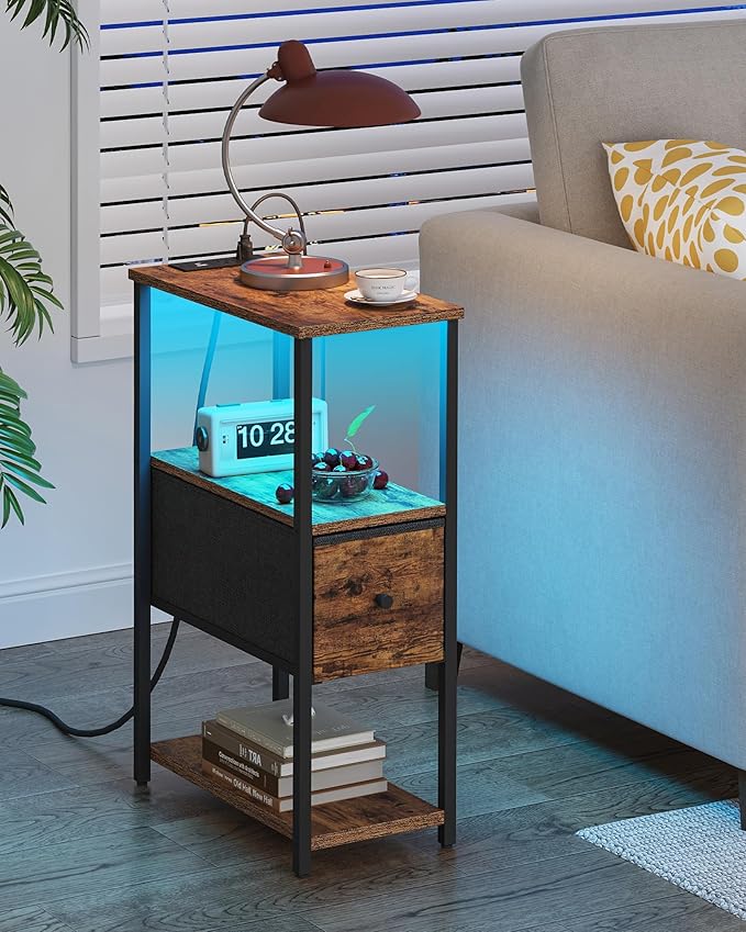 TUTOTAK Small Narrow LED End Table with Charging Station, Side Table Outlets, Nightstand with Cloth Drawer, Set of 2, Couch Table, for Living Room, Bedroom, Bedside, Brown TB01BB059