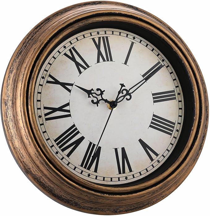 Plumeet Retro Wall Clock, 12'' Non Ticking Classic Silent Vintage Wall Clocks Decorative Kitchen Living Room Bedroom, Roman Numerals, Battery Operated