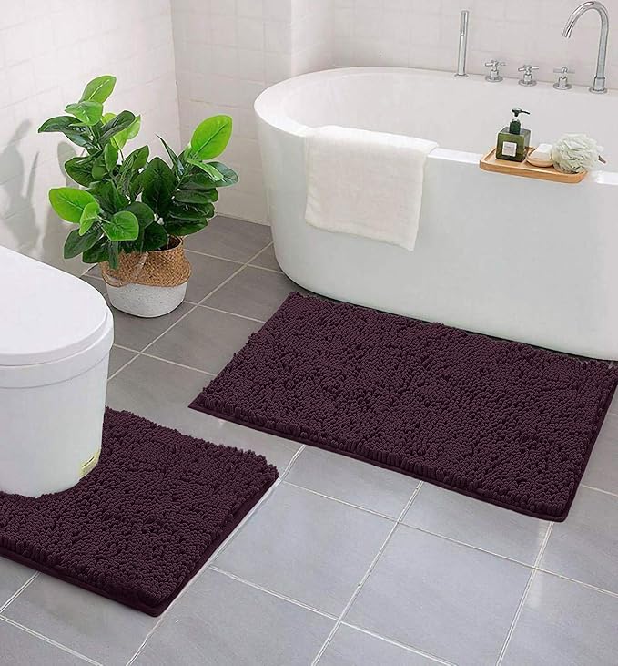 LuxUrux Bathroom Rugs Sets 2 Piece: Quick Dry, Soft Plush Anti-Slip, Super Absorbent. Includes Rectangular (31x20 inches) & U-Shaped Toilet Mat (20x20 inches) | Plum