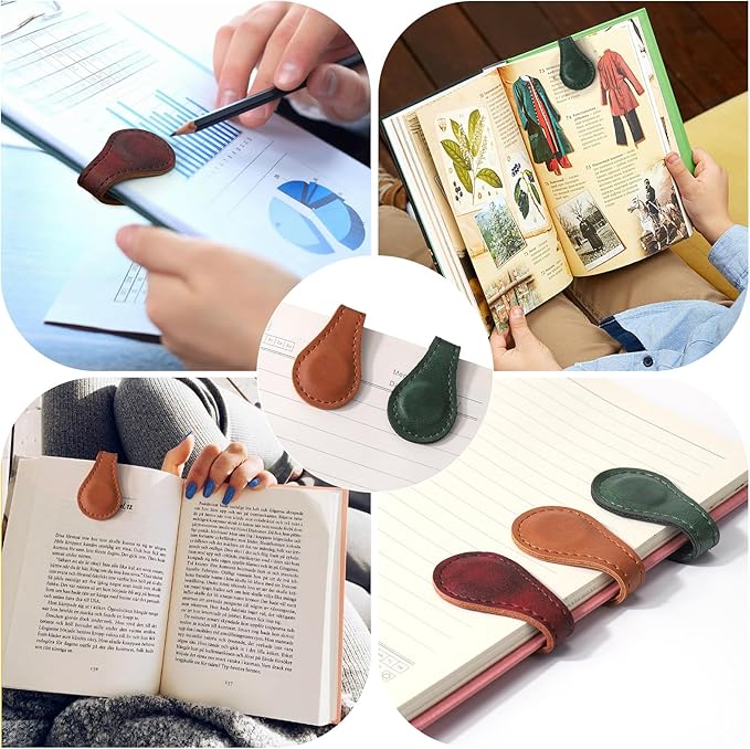 Palksky Magnetic Bookmarks, 3PCS Genuine Leather Bookmark Vintage Book Mark for Women Double-Sided Magnetic Page Markers Leather Page Clip Buckles Reading Supplies Gift